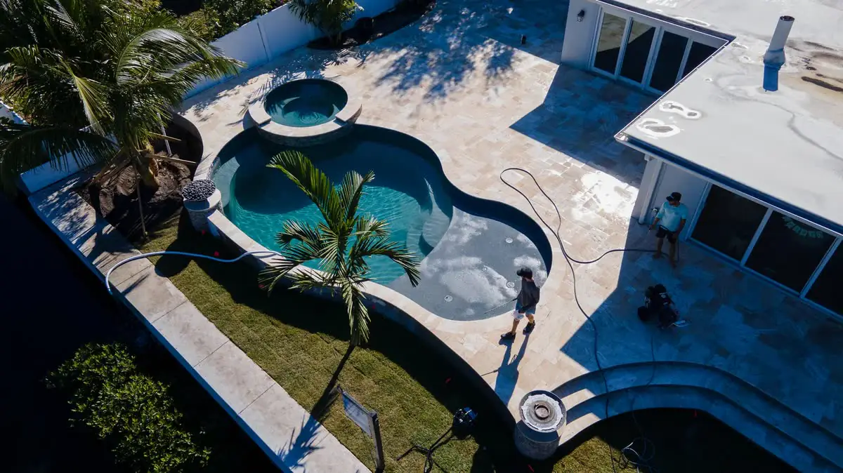 From above: a curving pool and spa among palms.