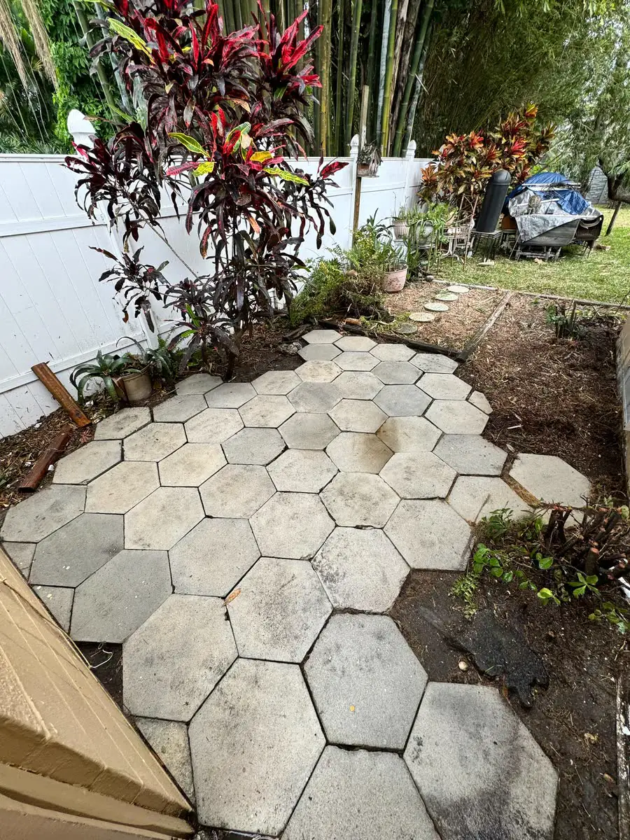 Hexagon pavers laid as a path through a planted bed.