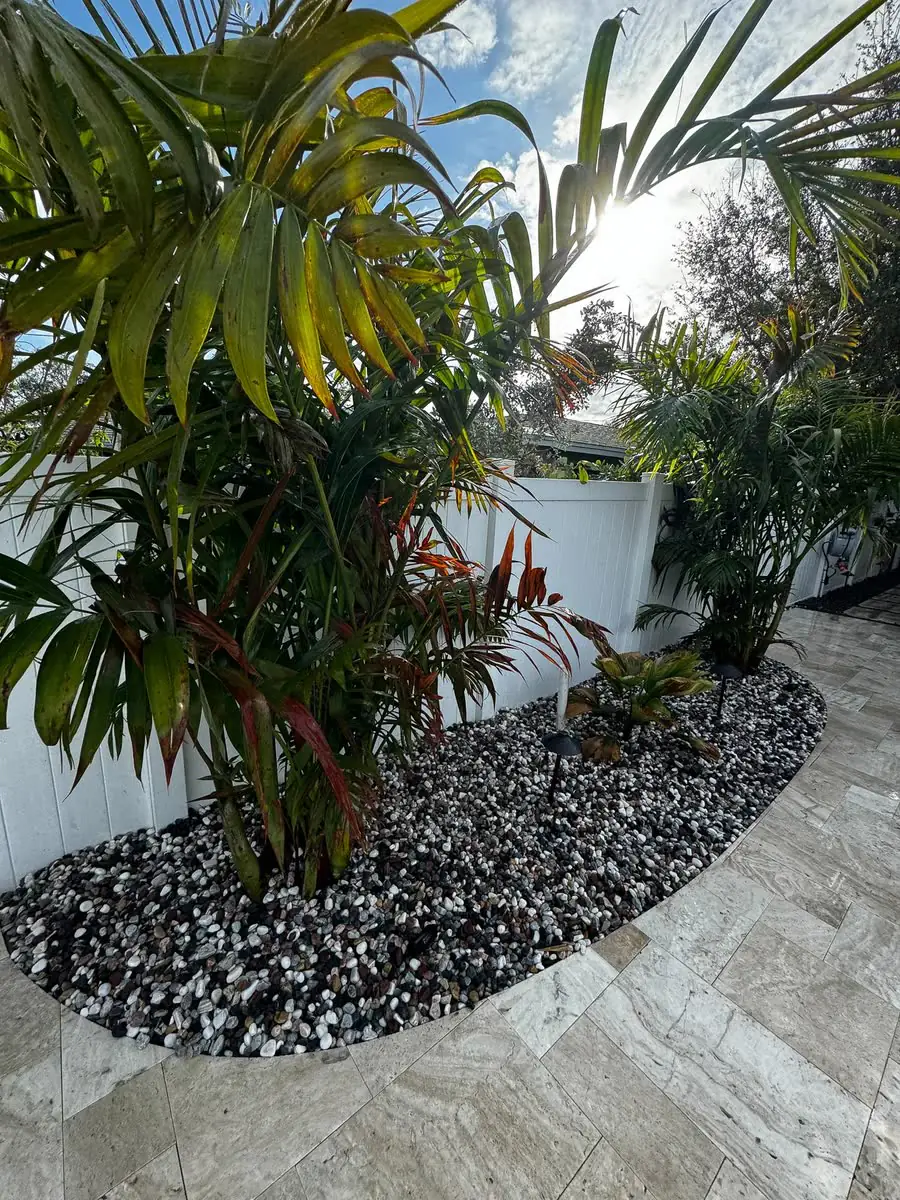 A bed of black rock with tropical plants beside a stone walk.