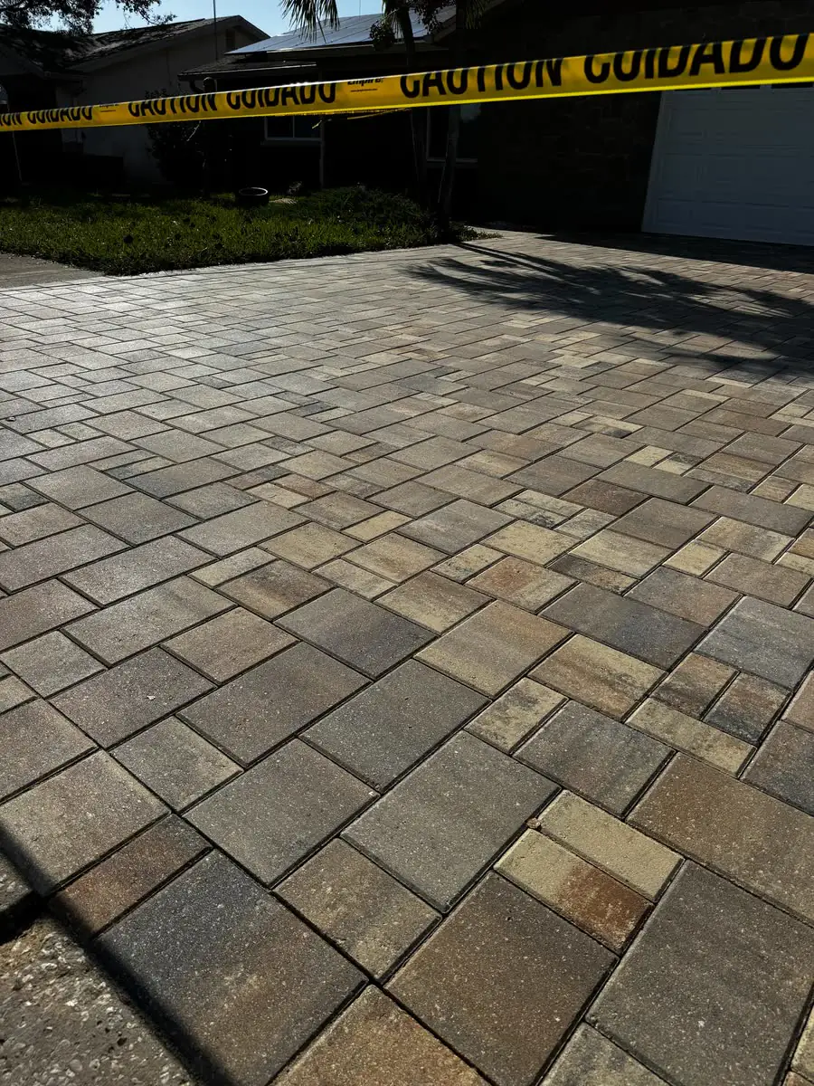 Brown and grey pavers, close up.